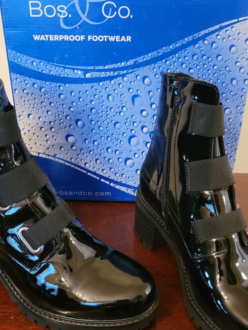 Bos. & Co. Black Patent Leather Chunky Lug Ankle Boots with Elastic Straps